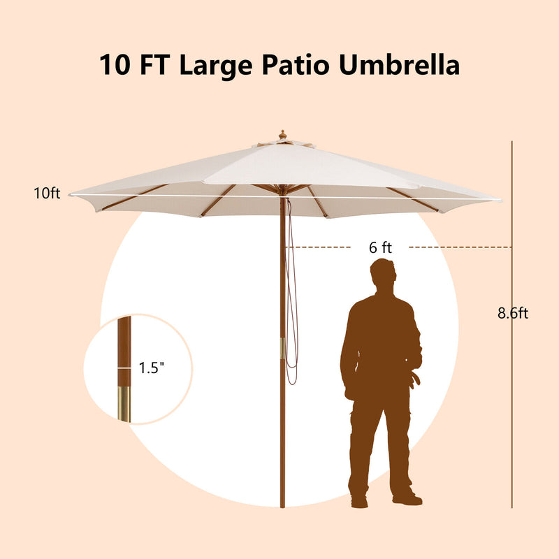 Adjustable 10 Feet Wooden Outdoor Umbrella Sunshade-Beige