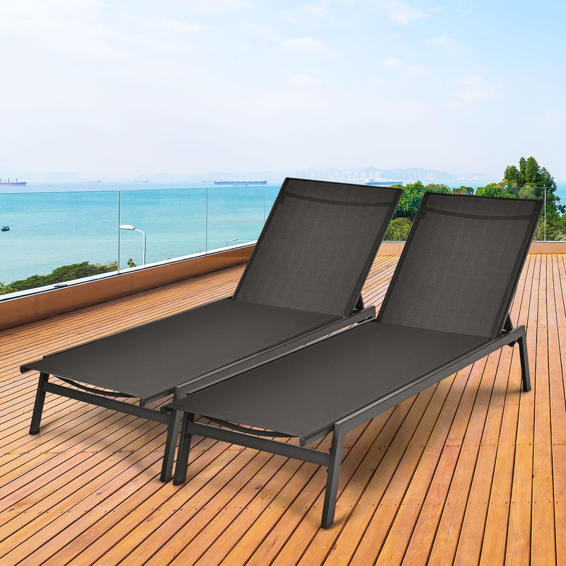 Outdoor Reclining Chaise Lounge Chair with 6-Position Adjustable Back-Black