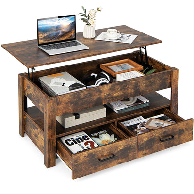 Lift Top Coffee Table with 2 Storage Drawers and Hidden Compartment-Rustic Brown