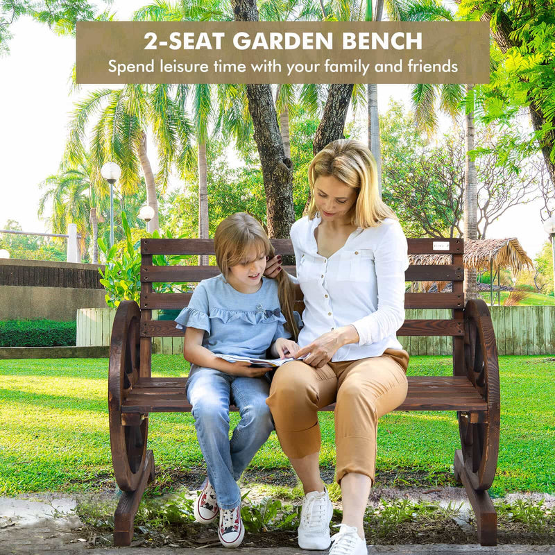 2-Person Outdoor Wooden Wagon Wheel Garden Bench-Brown