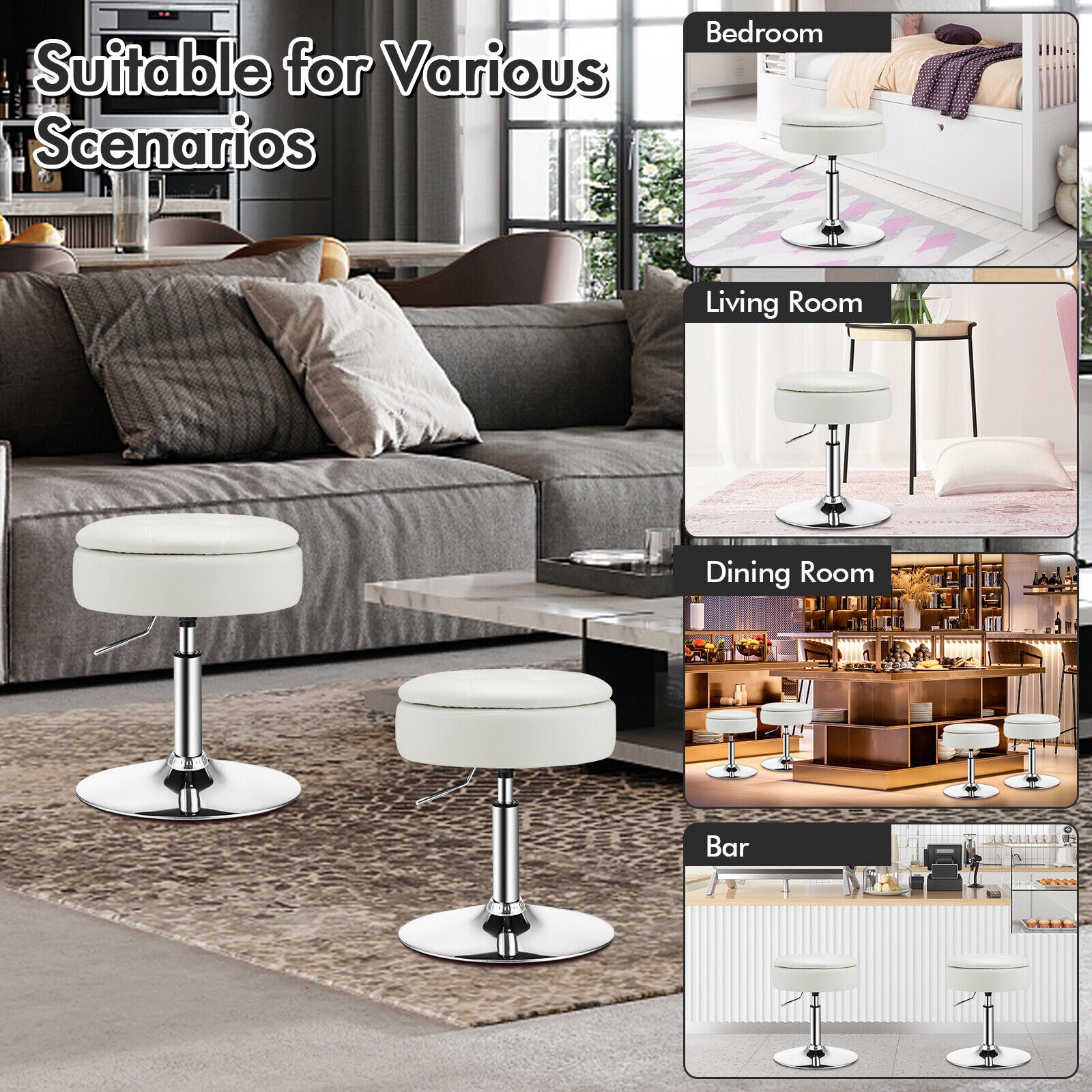 Adjustable 360° Swivel Storage Vanity Stool with Removable Tray-White