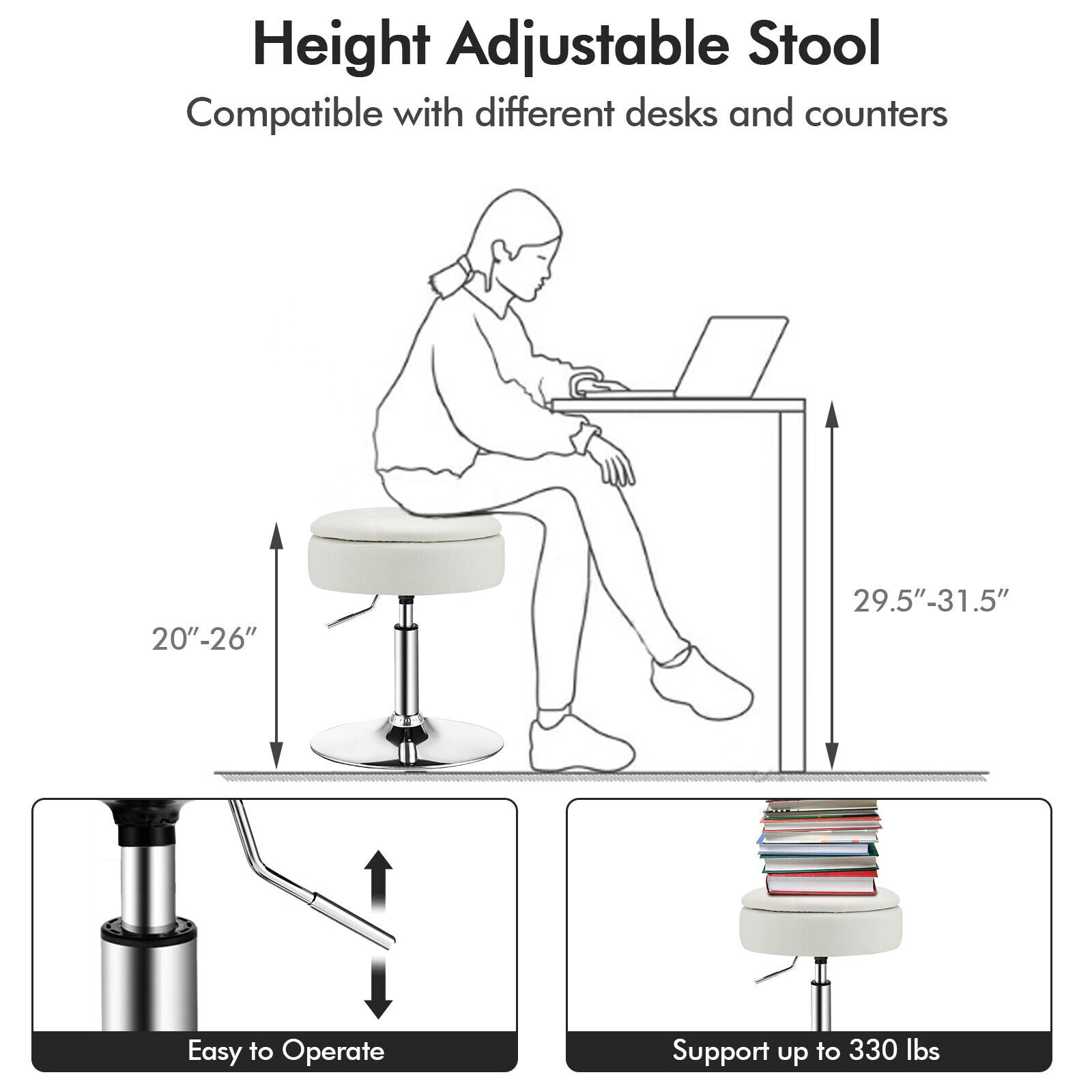 Adjustable 360° Swivel Storage Vanity Stool with Removable Tray-White