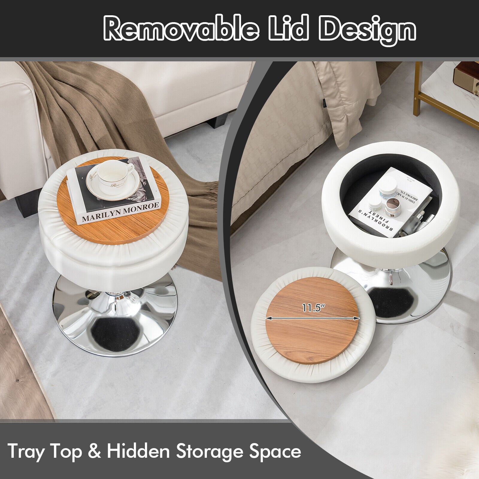 Adjustable 360° Swivel Storage Vanity Stool with Removable Tray-White