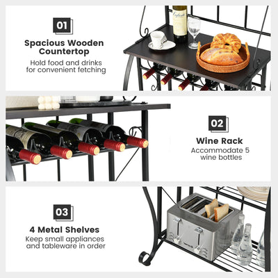 5-Tier Metal Kitchen Baker's Rack with 5 Wine Bottles Rack