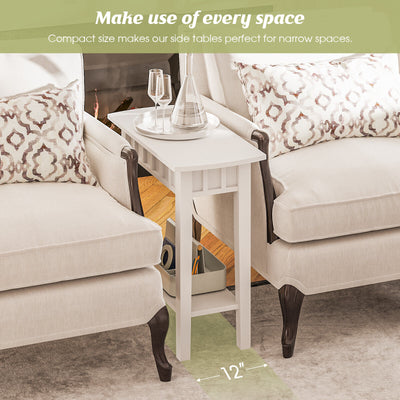 2-Tier Narrow Wood End Table with Storage Shelf for Small Spaces-White