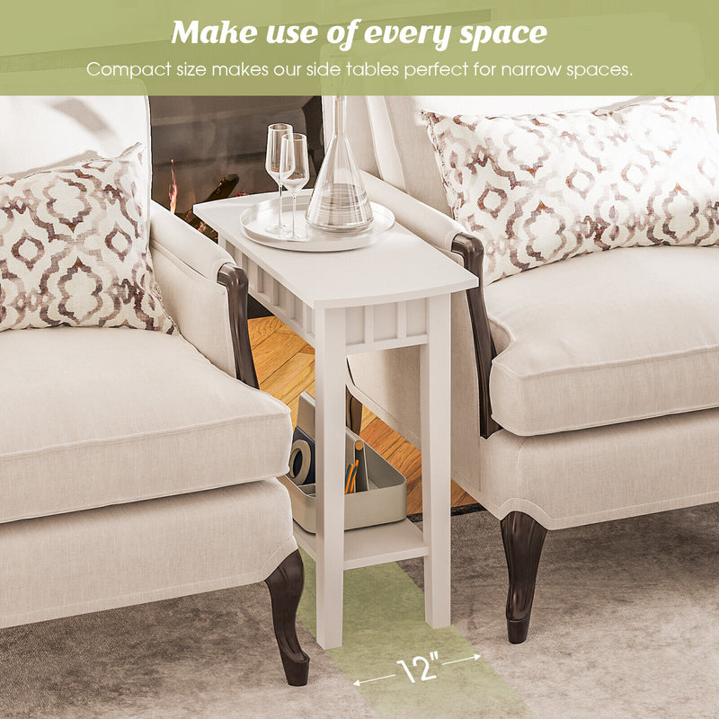 2-Tier Narrow Wood End Table with Storage Shelf for Small Spaces-White