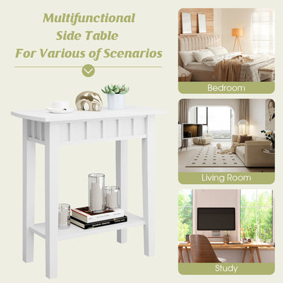 2-Tier Narrow Wood End Table with Storage Shelf for Small Spaces-White