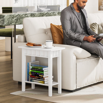 2-Tier Narrow Wood End Table with Storage Shelf for Small Spaces-White