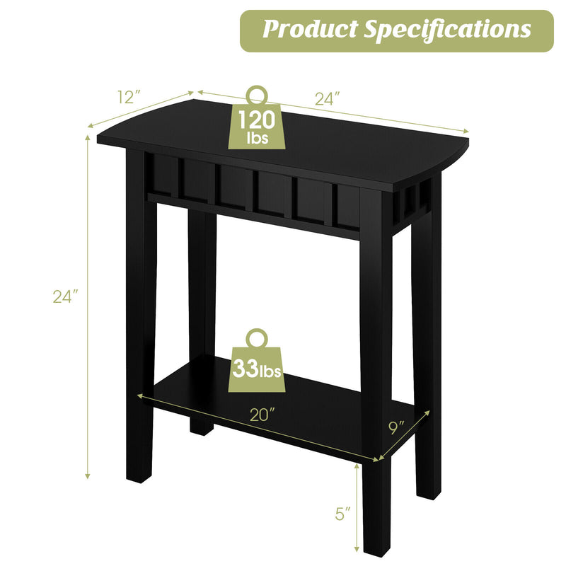 2-Tier Narrow Wood End Table with Storage Shelf for Small Spaces-Black