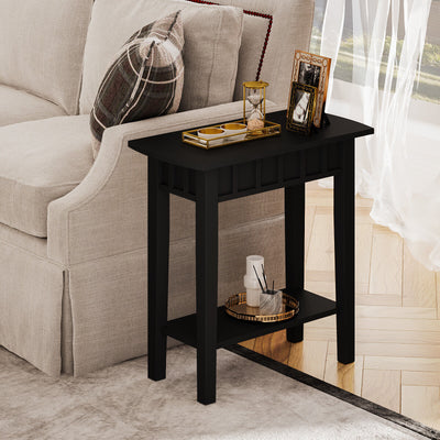 2-Tier Narrow Wood End Table with Storage Shelf for Small Spaces-Black