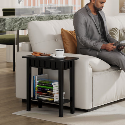 2-Tier Narrow Wood End Table with Storage Shelf for Small Spaces-Black