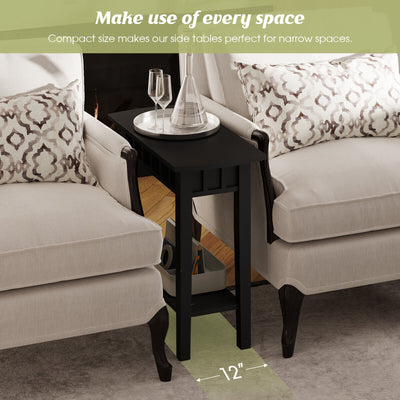 2-Tier Narrow Wood End Table with Storage Shelf for Small Spaces-Black
