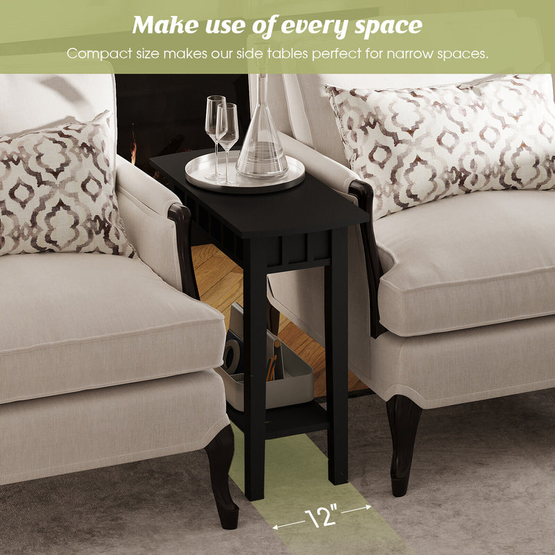 2-Tier Narrow Wood End Table with Storage Shelf for Small Spaces-Black