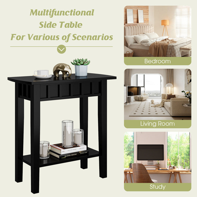 2-Tier Narrow Wood End Table with Storage Shelf for Small Spaces-Black