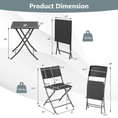 3 Pieces Patio Bistro Set with Folding Wicker Chairs and Table-Black
