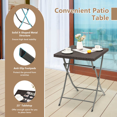 3 Pieces Patio Bistro Set with Folding Wicker Chairs and Table-Brown
