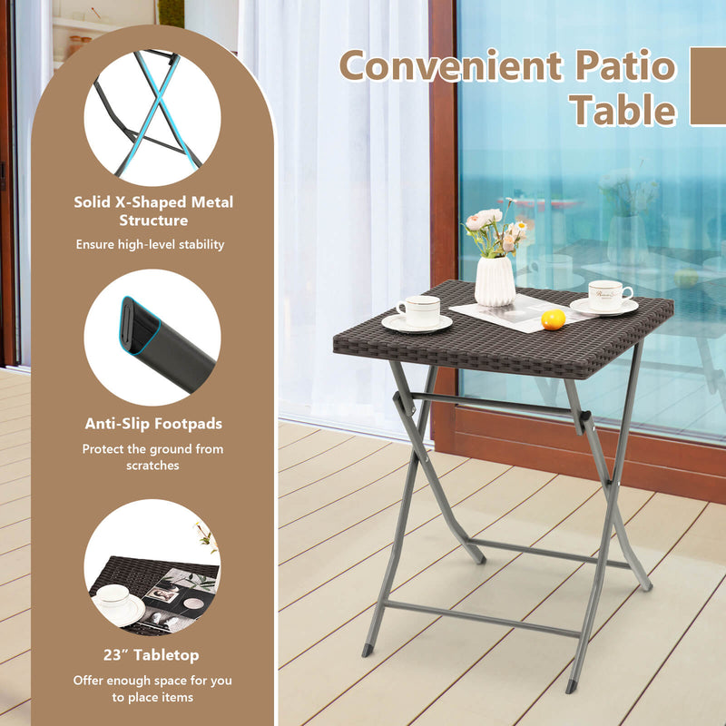 3 Pieces Patio Bistro Set with Folding Wicker Chairs and Table-Brown