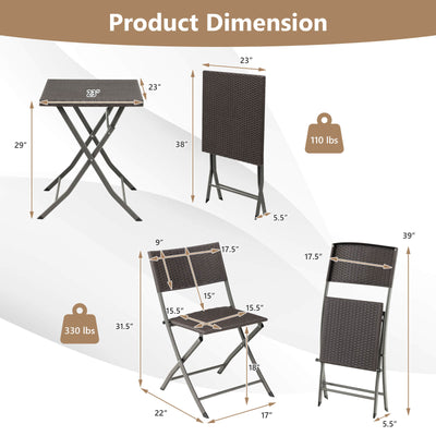 3 Pieces Patio Bistro Set with Folding Wicker Chairs and Table-Brown