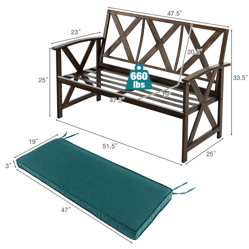 Brown Outdoor Garden Bench with Detachable Sponge-Padded Cushion