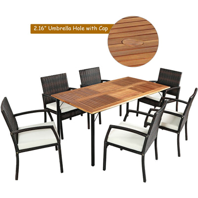 7Pcs Patio Rattan Cushioned Dining Set with Umbrella Hole-Warm White