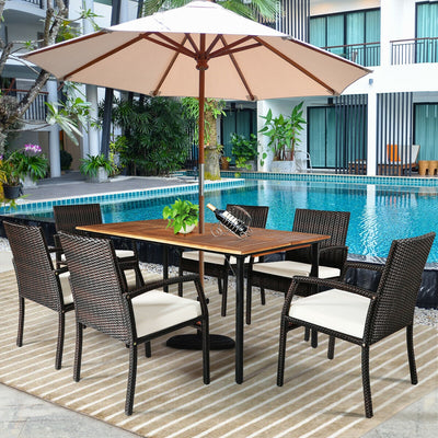 7Pcs Patio Rattan Cushioned Dining Set with Umbrella Hole-Warm White