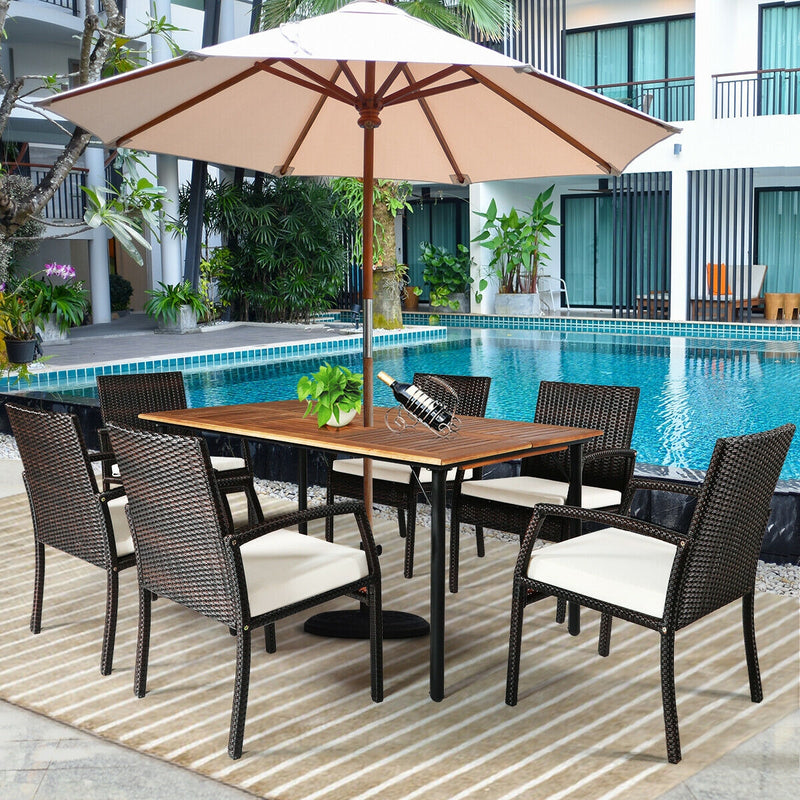 7Pcs Patio Rattan Cushioned Dining Set with Umbrella Hole-Warm White