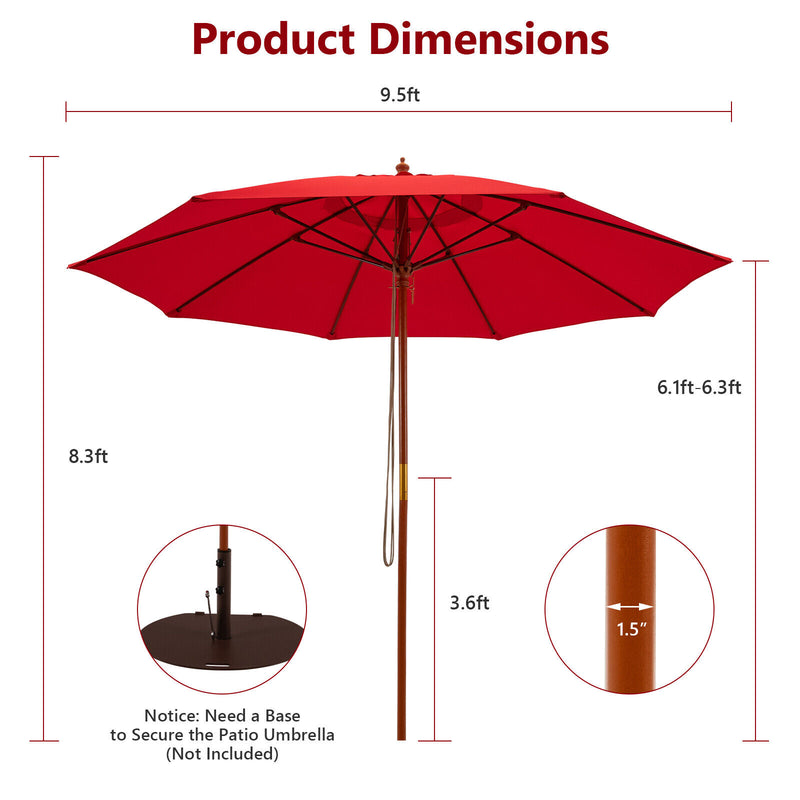 *9.5 Feet Pulley Lift Round Patio Umbrella with Fiberglass Ribs - Red