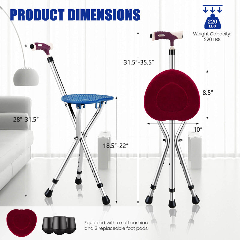 *Lightweight Adjustable Folding Cane Seat with Light - Silver