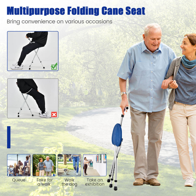 *Lightweight Adjustable Folding Cane Seat with Light - Silver