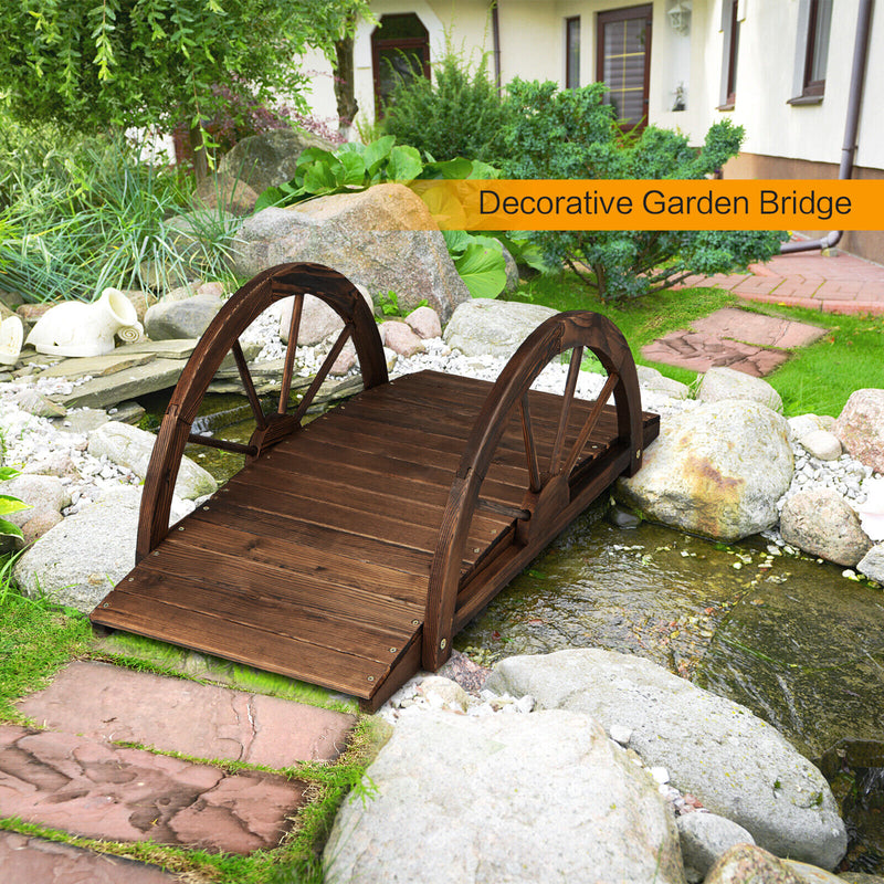 3.3 Feet Wooden Garden Bridge with Half-Wheel Safety Rails-Rustic Brown