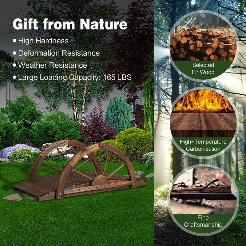 3.3 Feet Wooden Garden Bridge with Half-Wheel Safety Rails-Rustic Brown