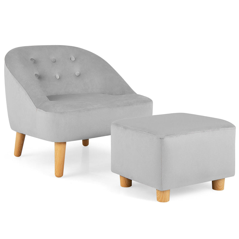 *Soft Velvet Upholstered Kids Sofa Chair with Ottoman - Gray
