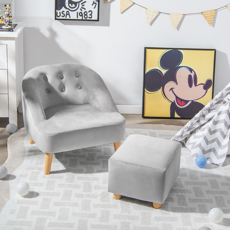 *Soft Velvet Upholstered Kids Sofa Chair with Ottoman - Gray