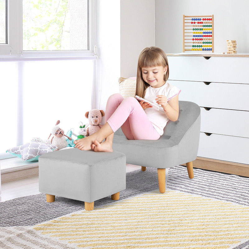 *Soft Velvet Upholstered Kids Sofa Chair with Ottoman - Gray