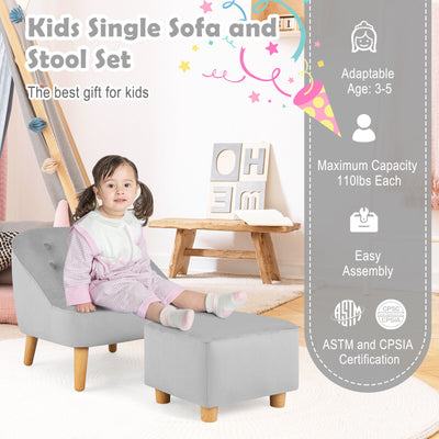 *Soft Velvet Upholstered Kids Sofa Chair with Ottoman - Gray