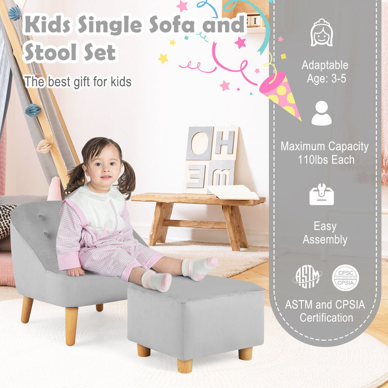 *Soft Velvet Upholstered Kids Sofa Chair with Ottoman - Gray