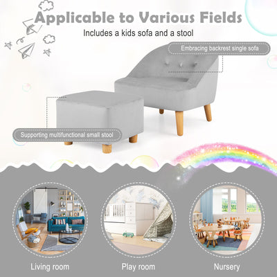 *Soft Velvet Upholstered Kids Sofa Chair with Ottoman - Gray