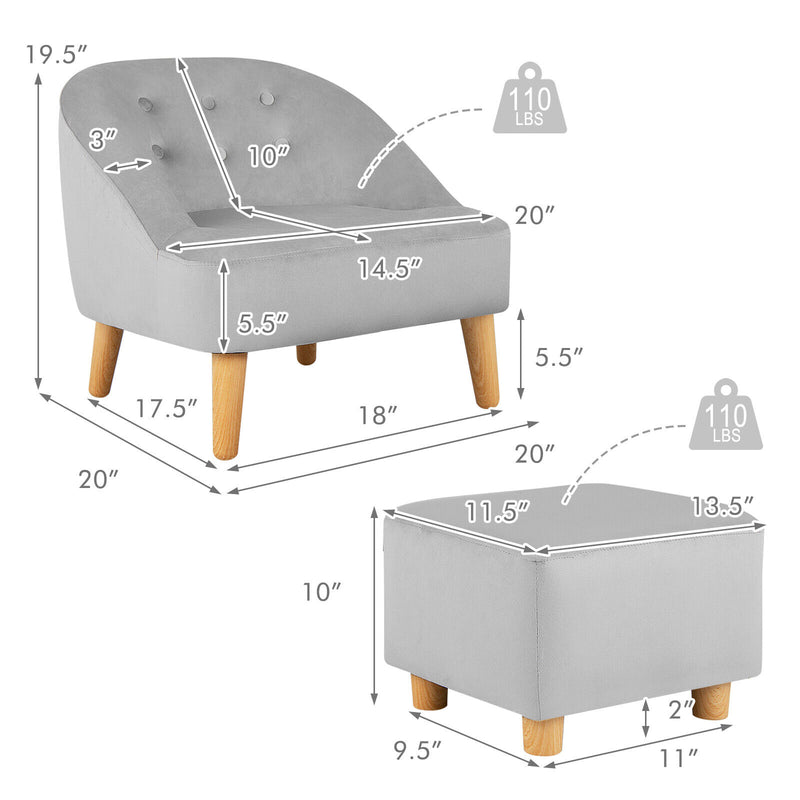 *Soft Velvet Upholstered Kids Sofa Chair with Ottoman - Gray
