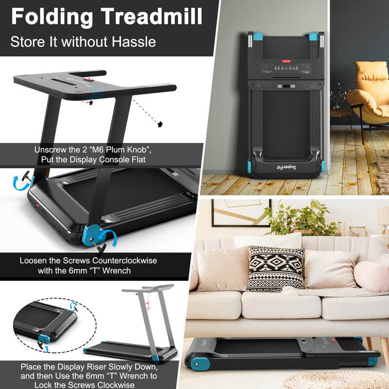 2.25 HP Electric Folding Treadmill with HD LED Display and APP Control Speaker-Blue