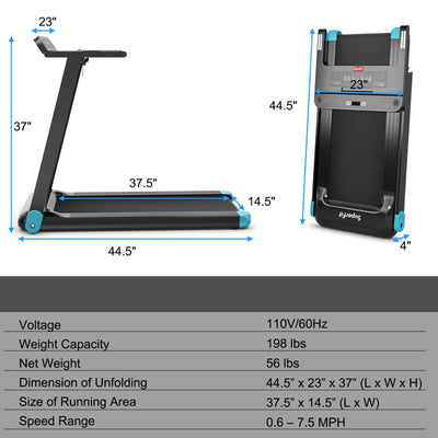 2.25 HP Electric Folding Treadmill with HD LED Display and APP Control Speaker-Blue