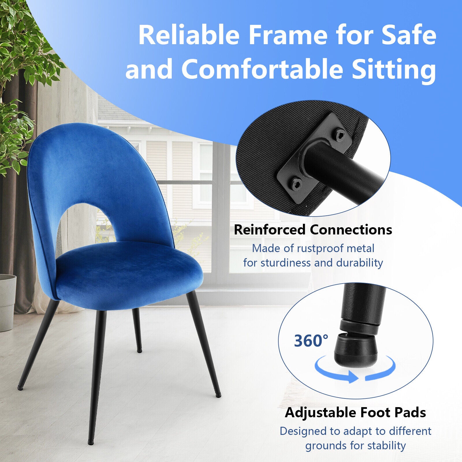 Dining Chair Set of 2 with Metal Base and Adjustable Pads-Blue ...