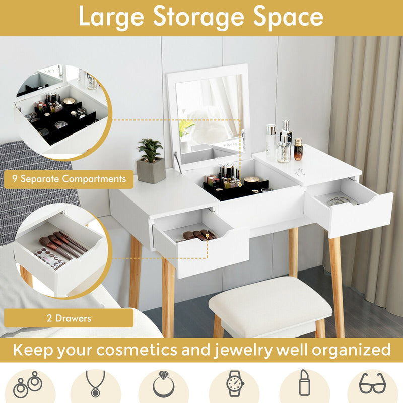 Makeup Vanity Table Set with Flip Top Mirror and 2 Drawers-White