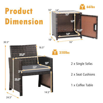 3 Pieces Patio Wicker Furniture Set with Storage Table and Protective Cover-Gray