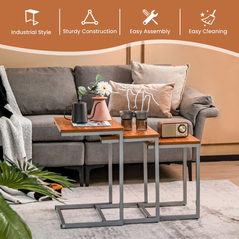 3 Pieces Multifunctional Coffee End Table Set-Brown
