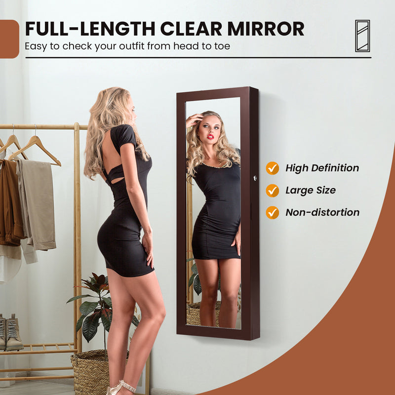 Lockable Wall Mount Mirrored Jewelry Cabinet with LED Lights-Brown