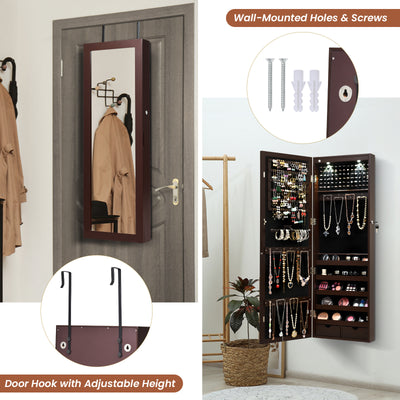 Lockable Wall Mount Mirrored Jewelry Cabinet with LED Lights-Brown