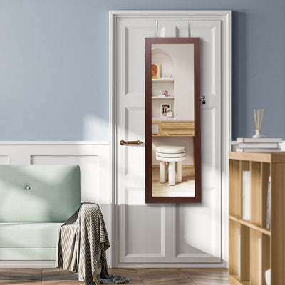 Lockable Wall Mount Mirrored Jewelry Cabinet with LED Lights-Brown