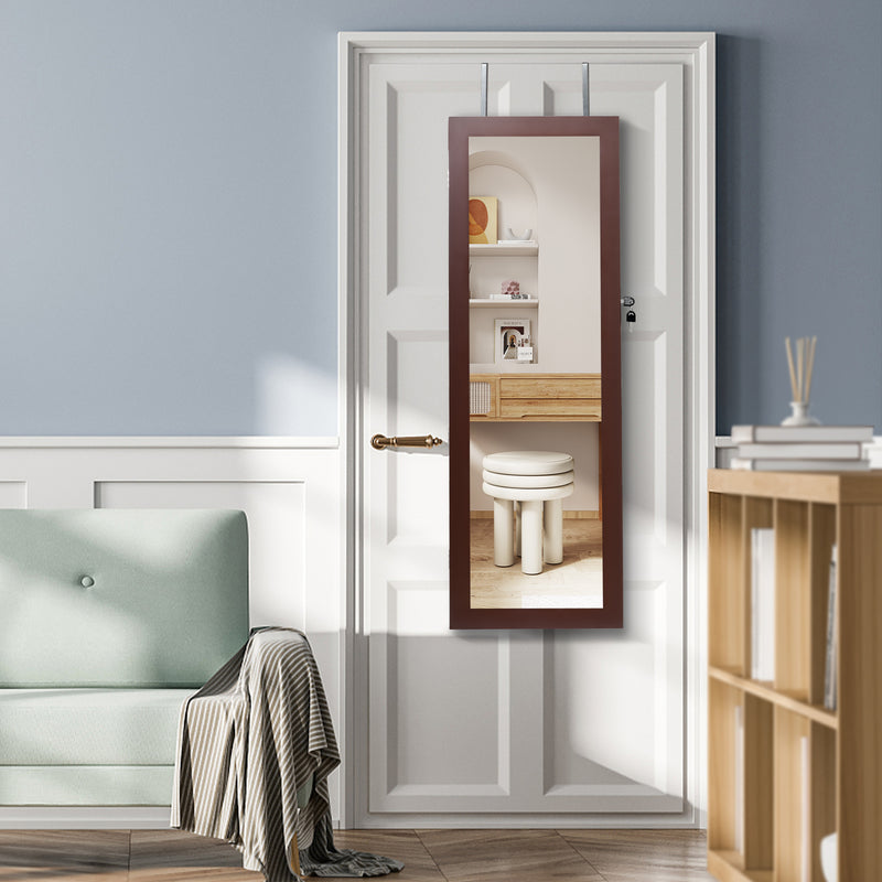 Lockable Wall Mount Mirrored Jewelry Cabinet with LED Lights-Brown