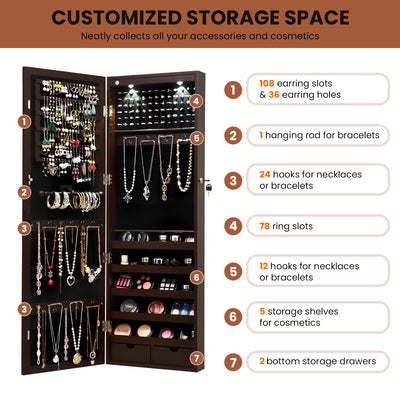 Lockable Wall Mount Mirrored Jewelry Cabinet with LED Lights-Brown