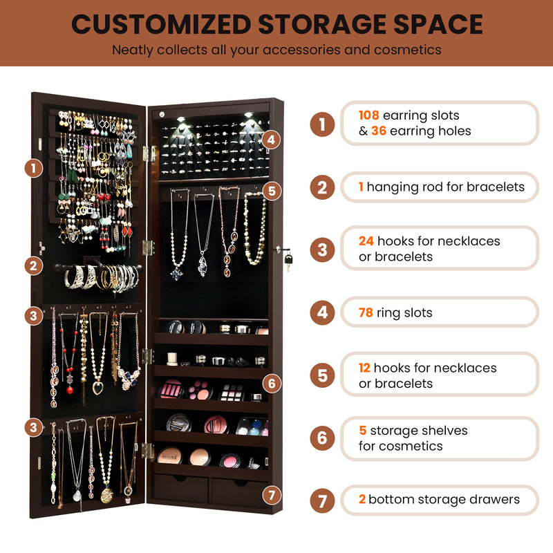 Lockable Wall Mount Mirrored Jewelry Cabinet with LED Lights-Brown